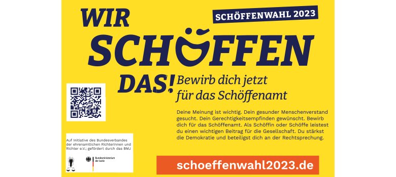 Gelbes Poster Schöffenwahl 2023 mit Infotext