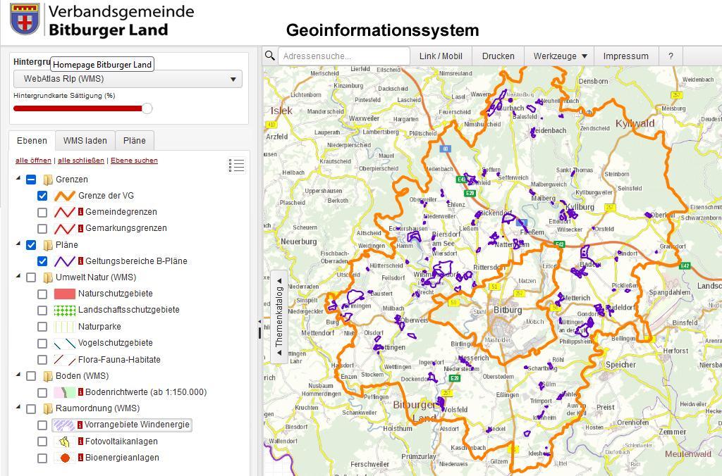 Kartenansicht im Geoportal mit Menüleiste