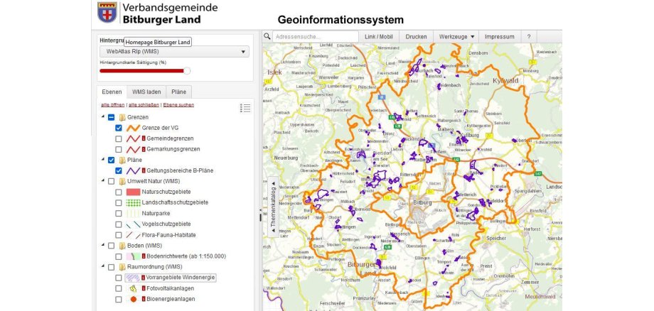 Kartenansicht im Geoportal mit Menüleiste