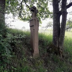 körpergroßes Sandsteinwegekreuz eingefasst zwischen einer Baumgruppe