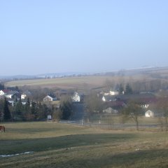 Fernlick auf die Ortsgemeinde Ließem im leichten Nebelschleier