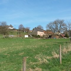 Straßenansicht von der Kyll her - einige Häuser sind zusehen und Wiese