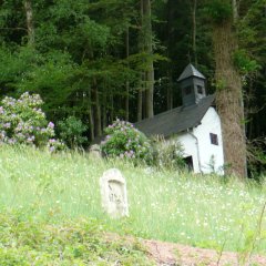 kleine Kapelle am Waldrand mit Kreuzstationen auf einer Weise