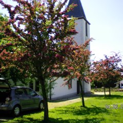 mit Bäumen verdeckte Kapelle mit Turm