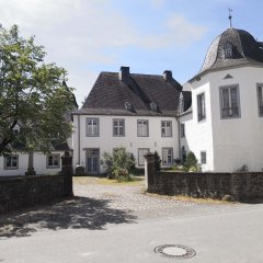 herrschaftliches Gebäude mit Wohnturm von einer Mauer umgeben